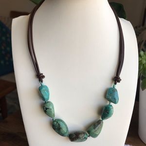 Vintage turquoise stones, leather and sterling necklace.